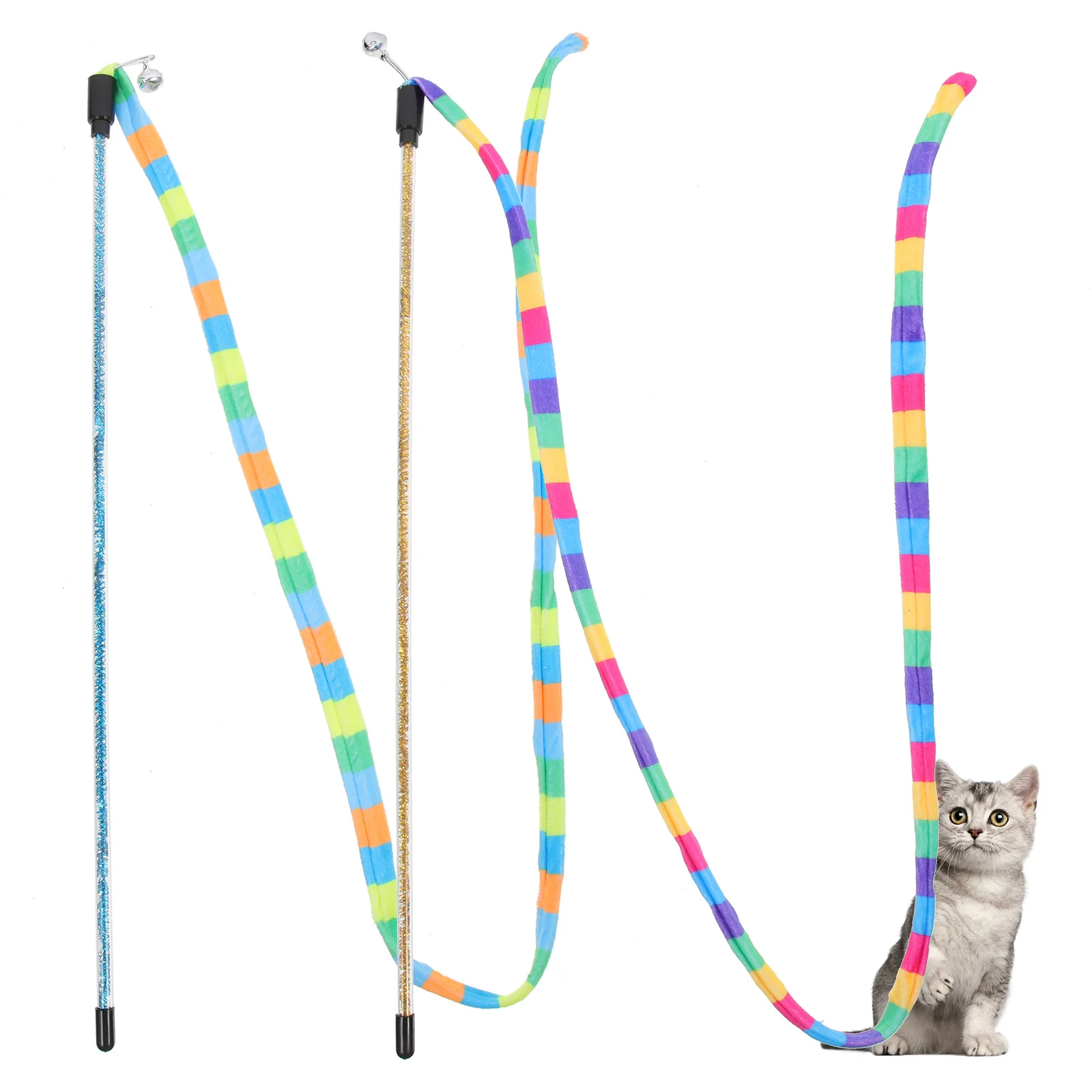 

2Pcs Cat String Stick Colorful Bell Teaser Wand Indoor Interactive Cat Accessories for Play Exercise and Bad Behavior Correction