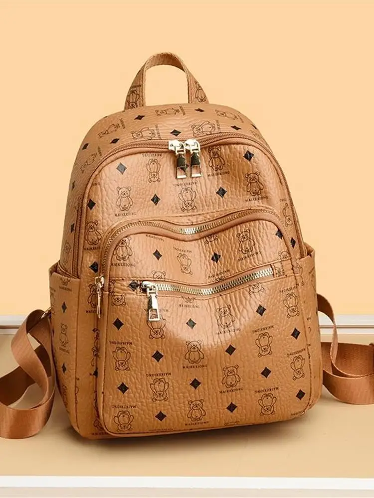 Genuine Leather Ladies Bear Backpack Soft Leather Casual Travel Bag INS Fashionable Youth Backpack for College Students
