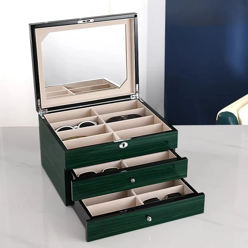 Wooden high-end sunglasses case, glasses storage box, three-layer multi-grid large-capacity sunglasses display, collection