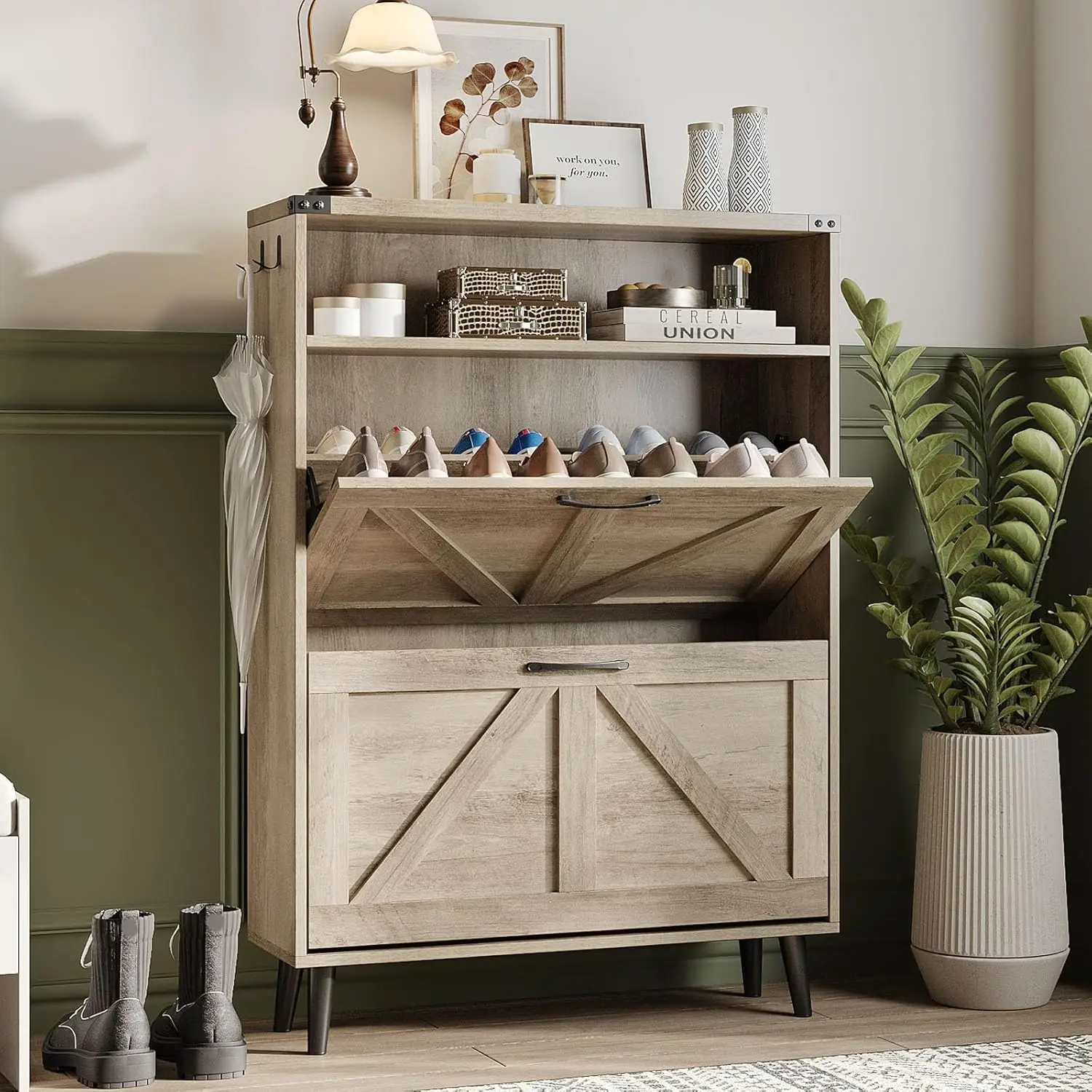 i*-Shoe Cabinet With 4 Flip Drawers,Farmhouse Shoe Storage Cabinet For Entryway,Narrow Freestanding Organizer Rack, Customized
