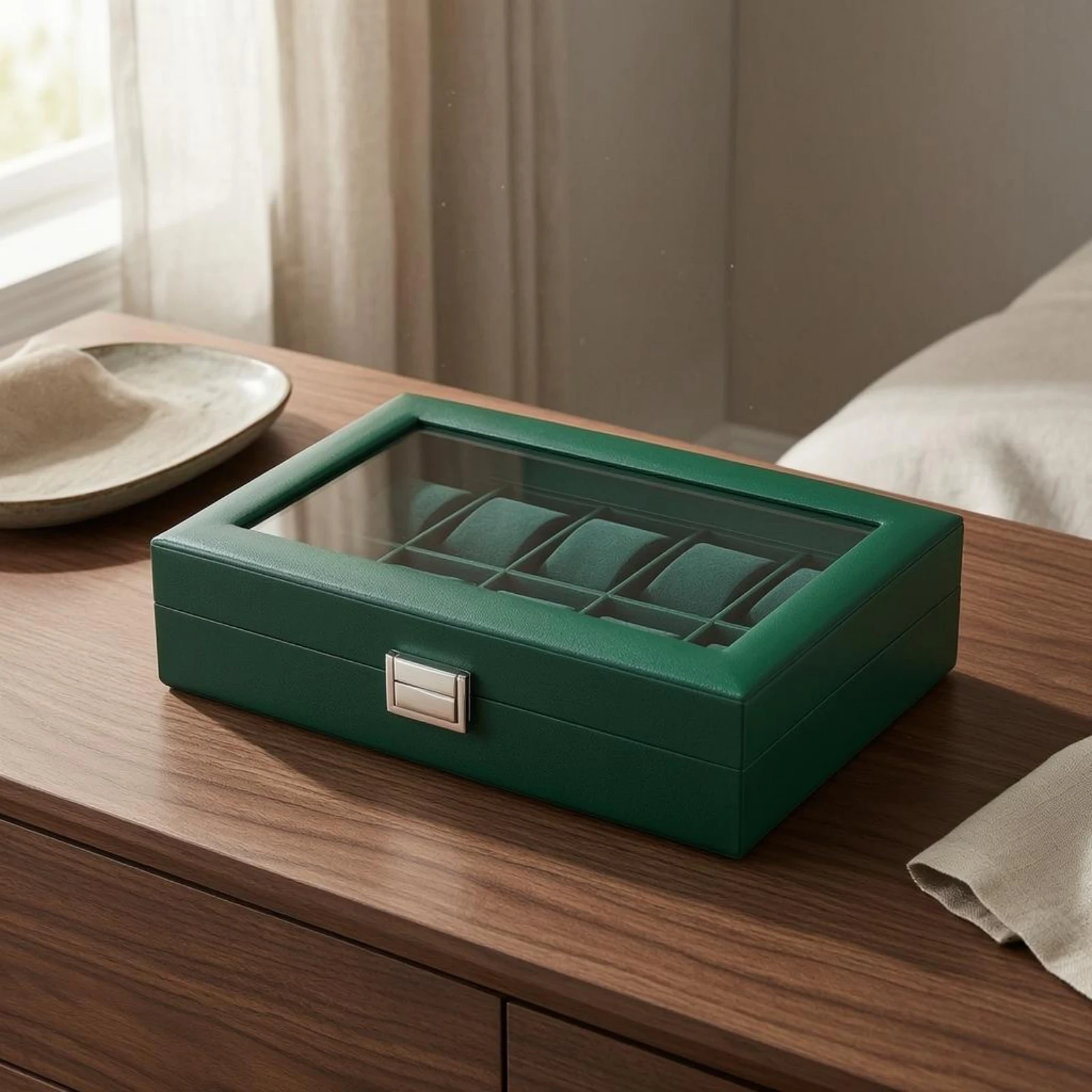 10-Slot Watch Box Green Leather 10-Slot Watch Organizer Padded Compartments Velvet-Lined
