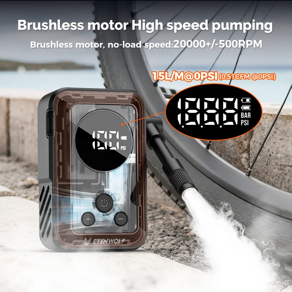 Afbeelding 3: ETENWOLF S0 Mini elektrische fietspomp 2400mAh batterij met display 150PSI draagbare draadloze inflator voor mountainbikes en racefietsen