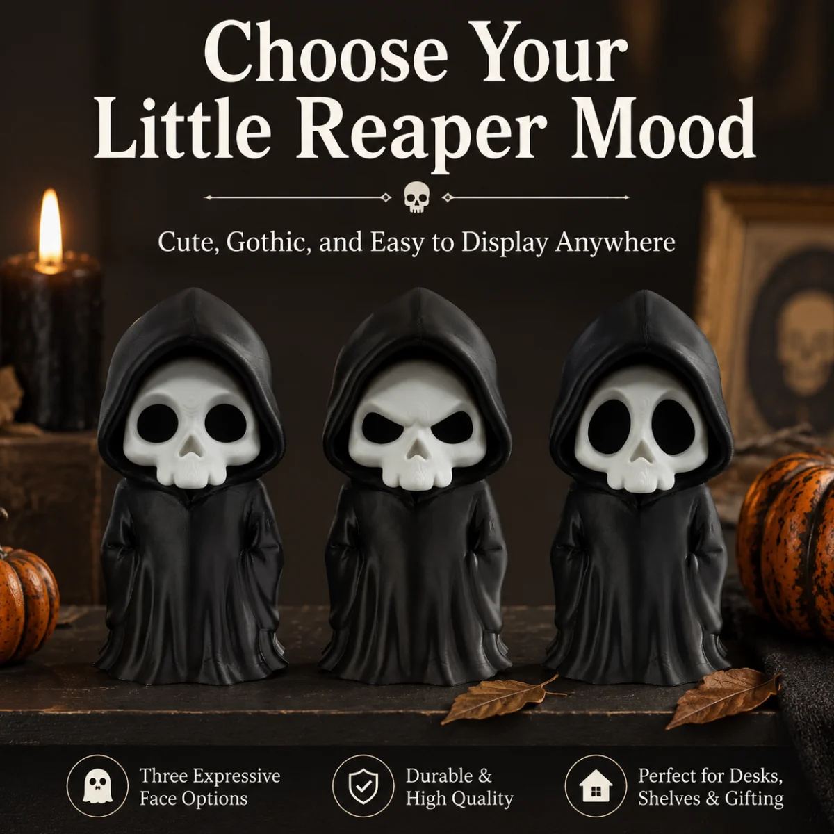 1pc Multi Face Grim Reaper Figurine, Eco 3D Printed PLA Black Hooded Skull Reaper With Interchangeable Face Halloween Ornament