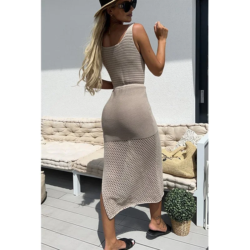 2024 الأبيض الكروشيه تونك بيكيني الاخفاء الخامس الرقبة المرأة الصيف ملابس الشاطئ محبوك التستر مثير أكمام الجوف خارج فستان