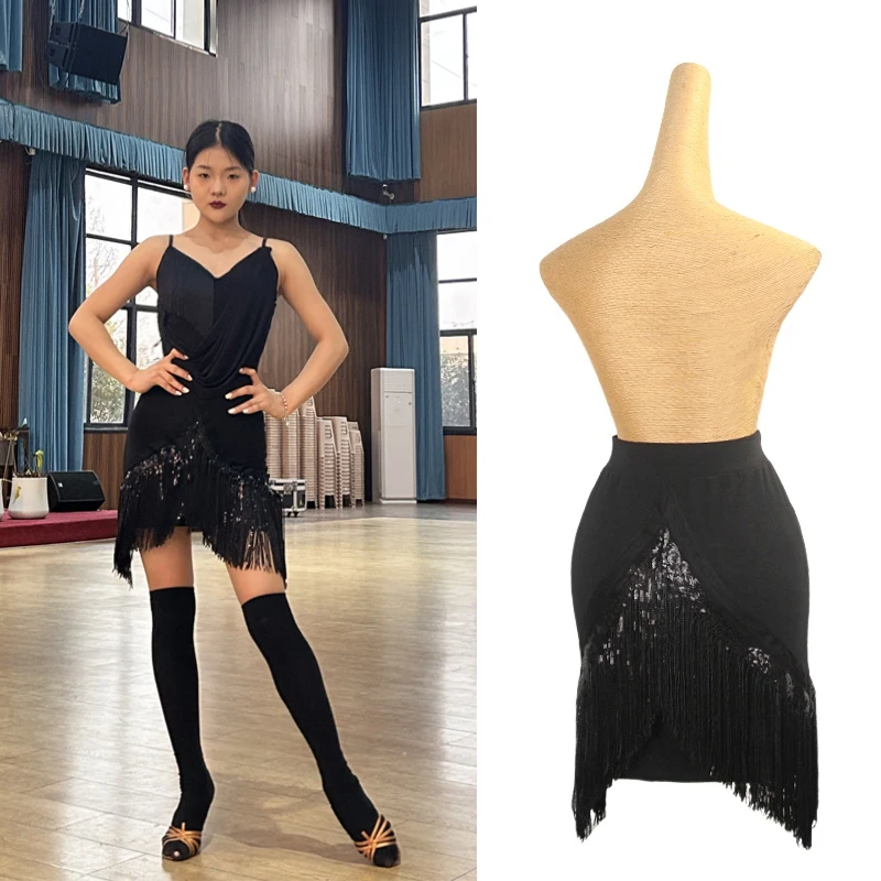

2025 женская черная юбка с кисточками и блестками для взрослых, костюм для латинских танцев, юбка с бахромой, женская танцевальная юбка для чача-румбы DQL12328