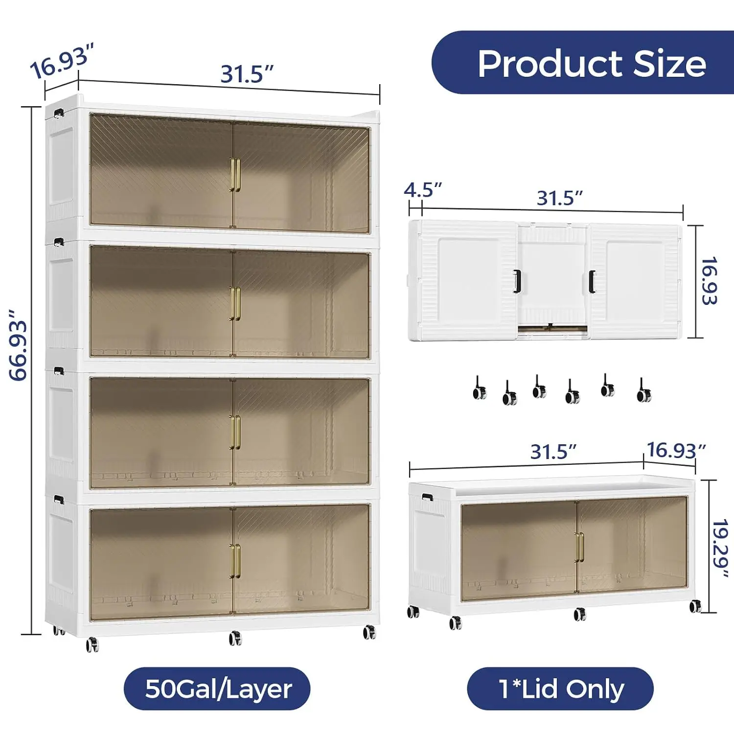 Large Storage Bins with Lid, 800QT Collapsible Organizer with Wheels, Stackable Cabinet with Doors, Folding  , 4Pack, Customized