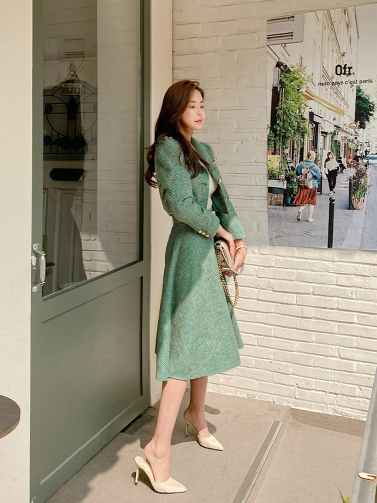 Elegant Temperament Two-Piece Set Tweed for Women Short Blazer Jacket +High Waist Swing Skirt Suits Green Korean Outfits