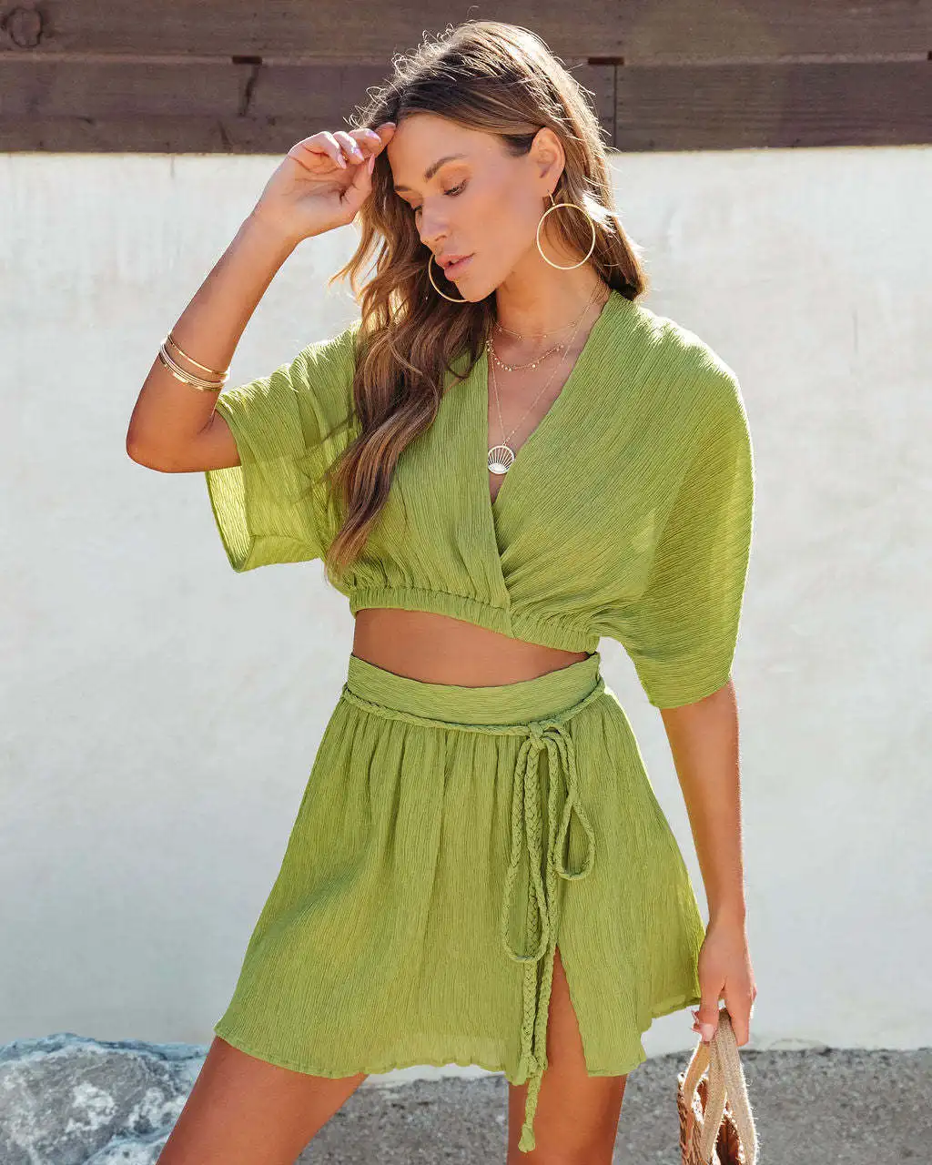 Summer V-Neck Bat-Sleeve Crop Top And Comfortable Skirt Suit Fashion Casual Feminine Elegance Two-Piece Set