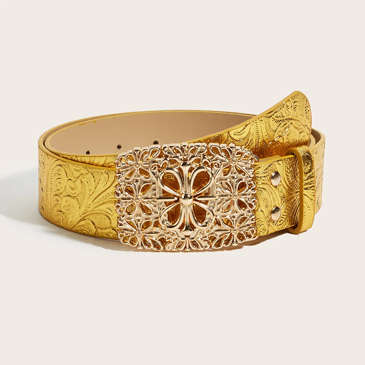 Vintage Gold Embossed Belt for Women Hollow Floral Metal Buckle Palace‑style Decorative Waist Strap Jeans Dress Party Outfit