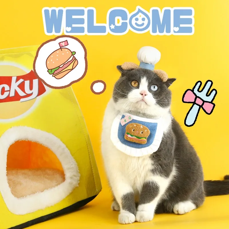 

Cute Pet Cartoon Chef Hats, Headwear, Hamburgers, Denim Bibs, Napkins, Aprons, Cat and Dog Photo Sets
