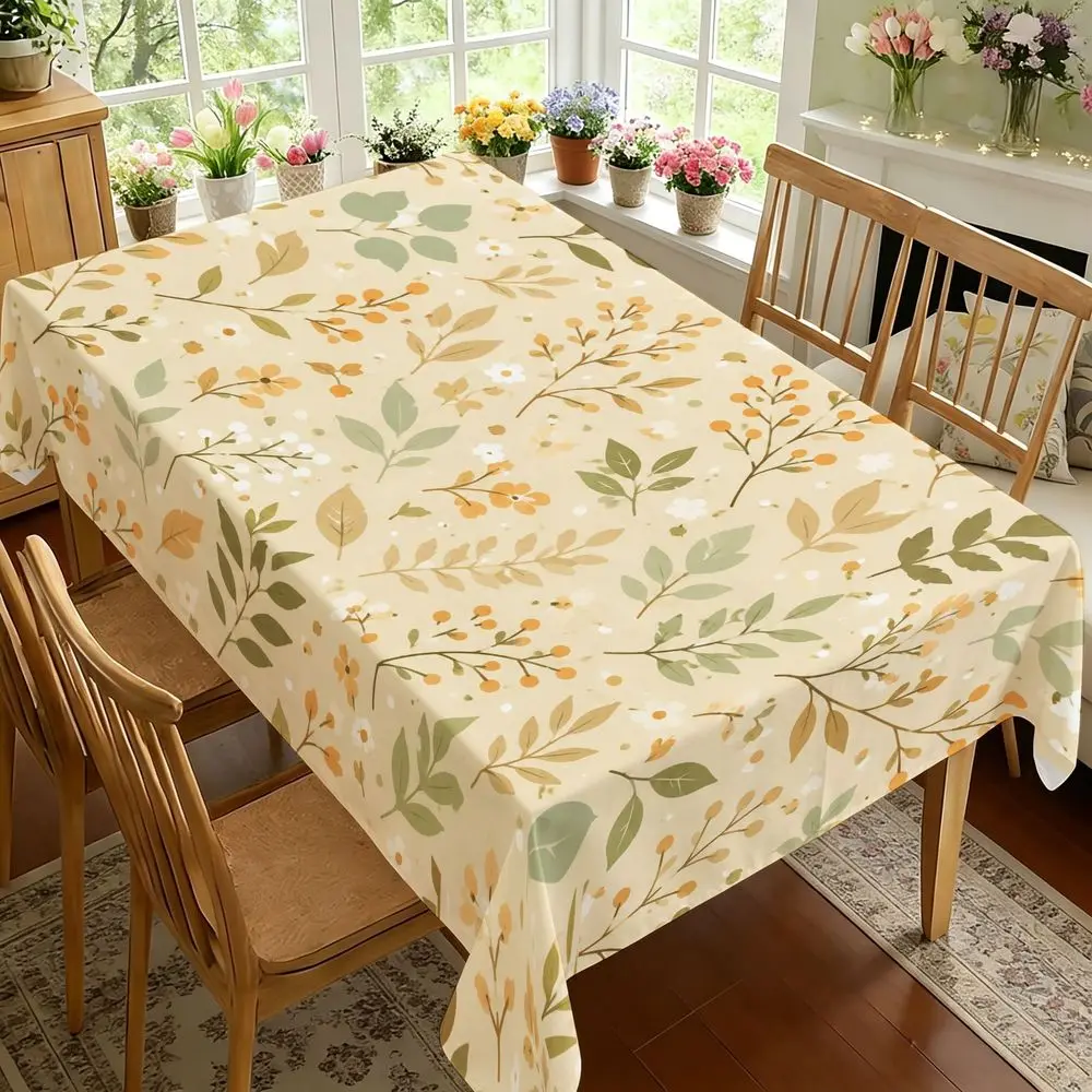Floral Botanical Print Tablecloth - Elegant Farmhouse Style with Delicate Green Leaves And Yellow Flowers, Durable Fabric, Rectangular, Perfect for Dining Room Table Decor, Spring Summer Home Kitchen Party And Wedding Table Setting