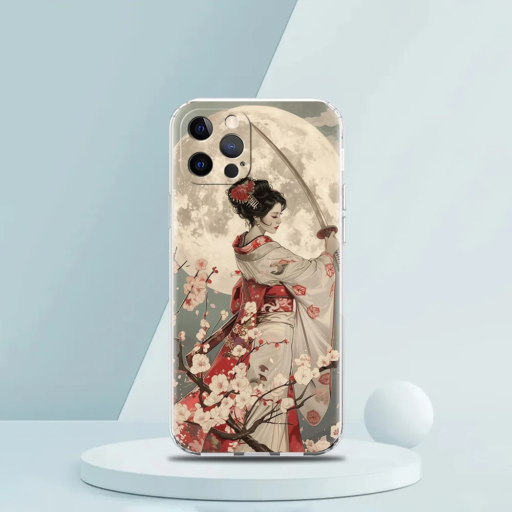 Samurai Warrior Geisha Soft TPU Transparent Phone Case Cover for iPhone 16 15 14 13 12 11 Pro Max XR 8 7 Plus XS Max Shell Capas