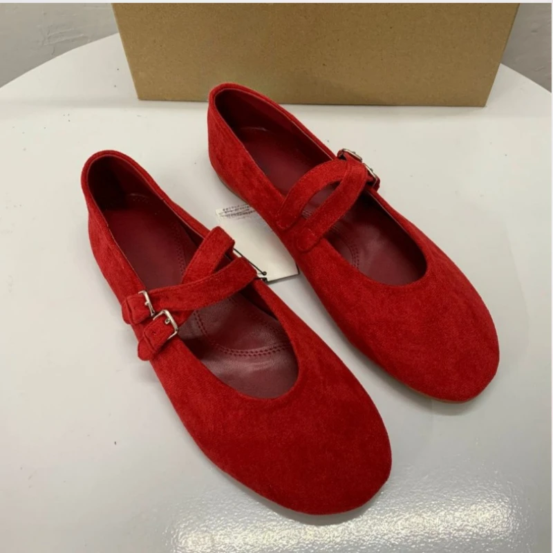 2025 Spring New Women\'s Ballet Flats Retro Red Double Belt Buckle Decoration Casual High Quality Big Size Lady Mary Jane Shoes