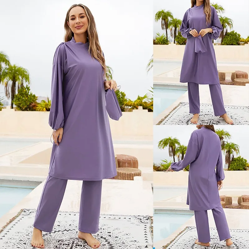 Women's Swimwear Long Sleeve Tunic Islamic Swimsuit Wide Leg Pants Swimming Suit Rash Guard Maxi Length Solid Modest Swimwear