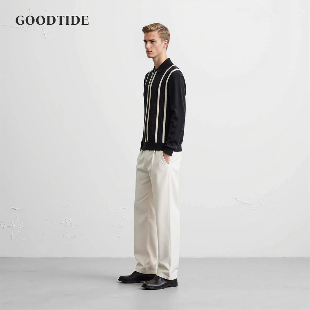 Autumn Winter Striped Sweater Men Quality Fashion Zipper Turn Down Collar Long Sleeve Men's Casual Sweaters Slim Fit Pull Homme