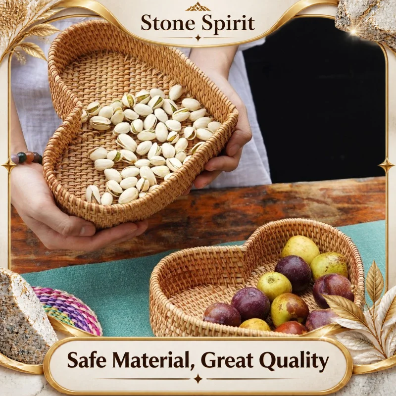 Rural style Heart-shaped Rattan Snack Plate, Multi-Compartment Serving Tray for Fruits Nuts, Tea Party Picnic & Hotel Decoration