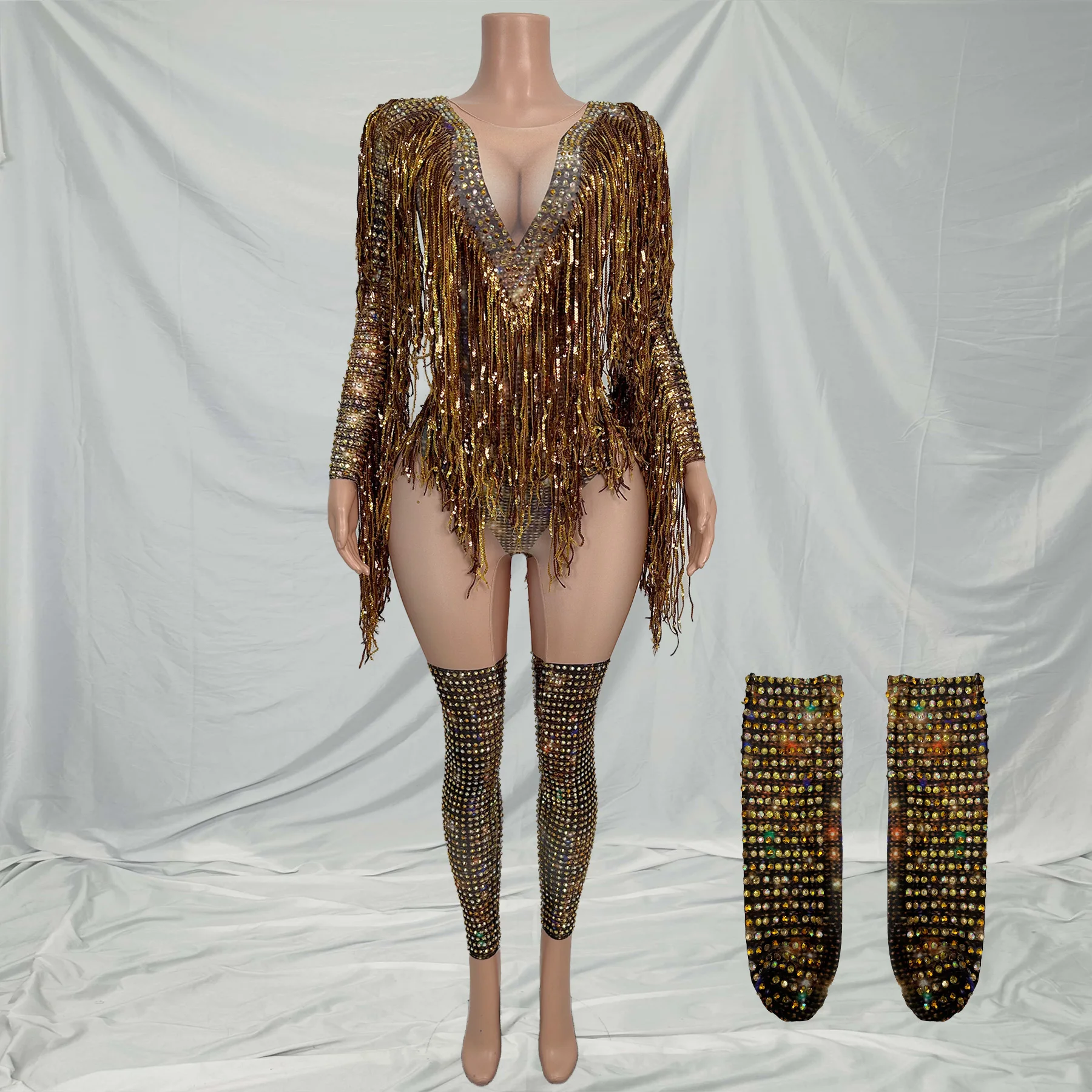 

Gold Tassel Rhinestone Jumpsuits Women Club Party One Piece Bodysuit Drag Show Rompers Performance Gogo Dancer Festival Outfit
