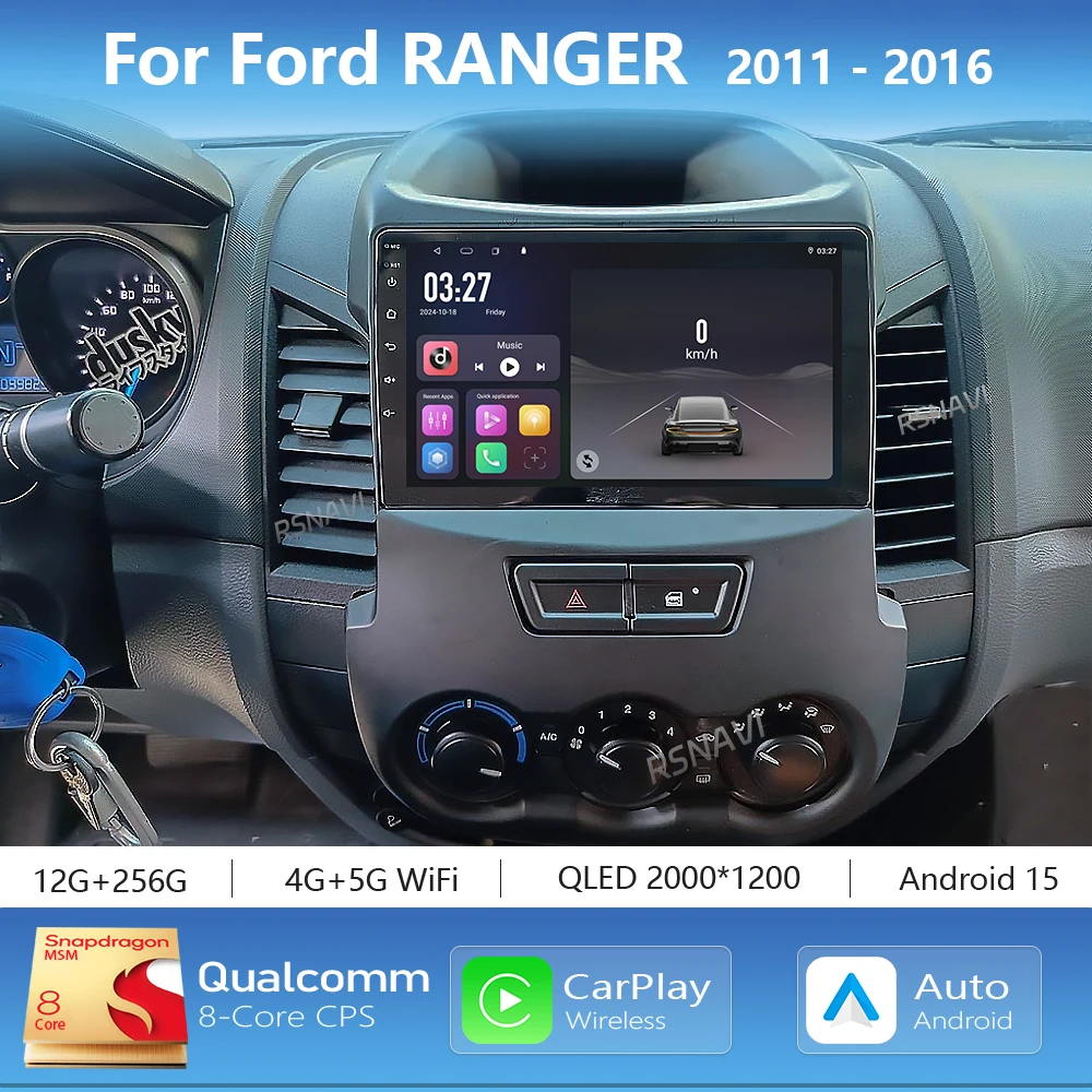 Android 15 Carplay Auto 2K Screen Car Player Radio Multimedia For Ford RANGER 2011-2016 Autoradio WIFI+4G Stereo 2Din Head Unit