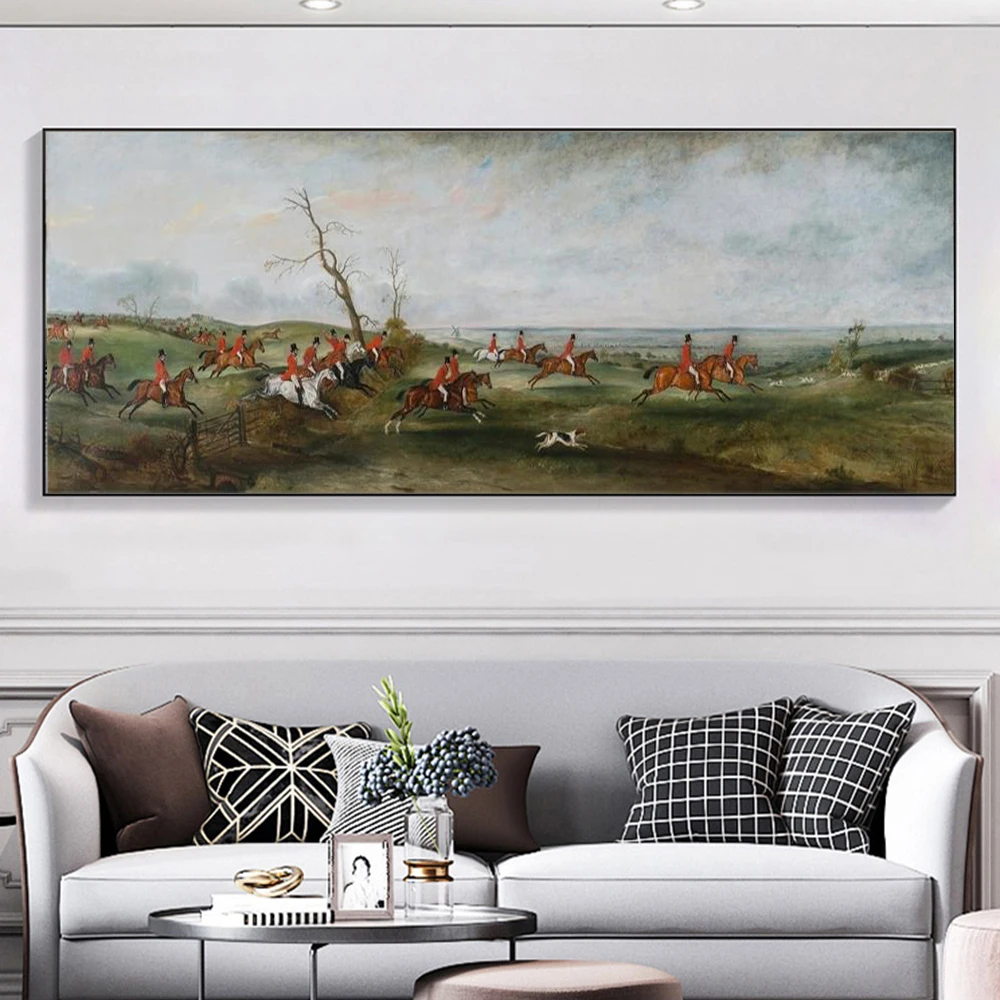 The Hunt in Belvoir Vale Canvas Painting Wall Art Across The Meadow Fox Hunt Scene Poster Prints For Living Room Home Decor