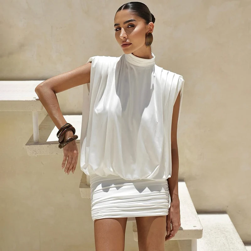 

Trendix Folds Sleeveless Mini Dress For Women Summer Fashion Turtleneck Loose Short Dresses Party Sexy Hollow Out Backless Dress