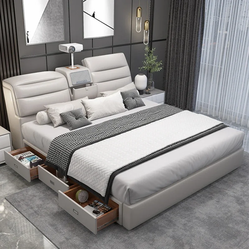 Multifonction Aesthetic Double Bed Luxury Nordic Leather White Twin Bed Frame King Wood Camas De Matrimonio Dormitorio Furniture