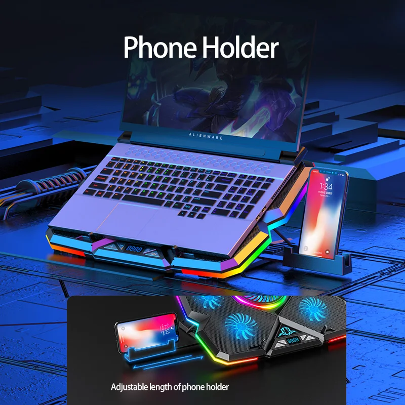 Gaming RGB Laptop Cooling Pad 5 Silent LED Fans Powerful Air Flow Portable Adjustable Laptop Stand USB Interface Cooling Fan