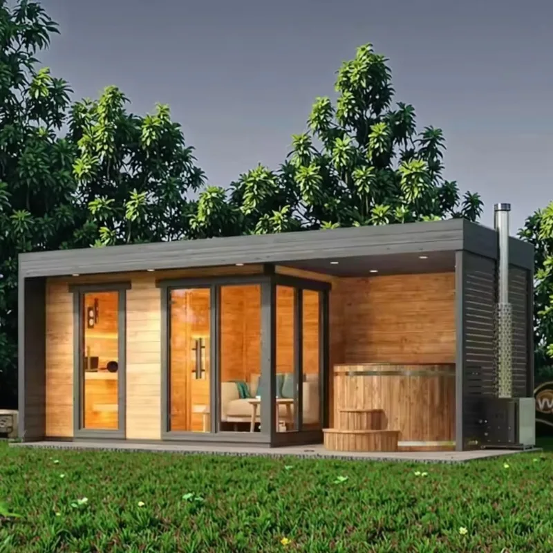 Outdoor Combo Sauna Room with & Tub Space, Canadian Red Cedar Wood, 4-6 Person Luxury Garden SPA Cabin