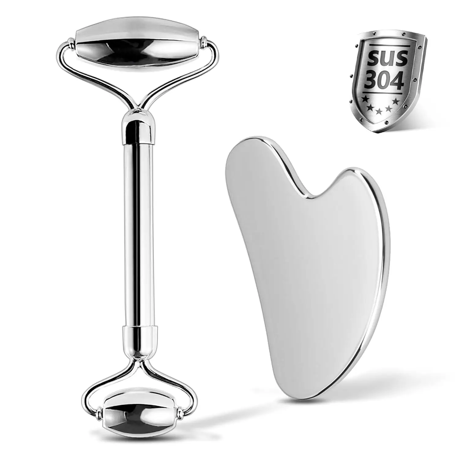 

304 Stainless Steel Facial Roller & Gua Sha Set - Reduce Puffiness, Lymphatic Drainage, Face Body Massage