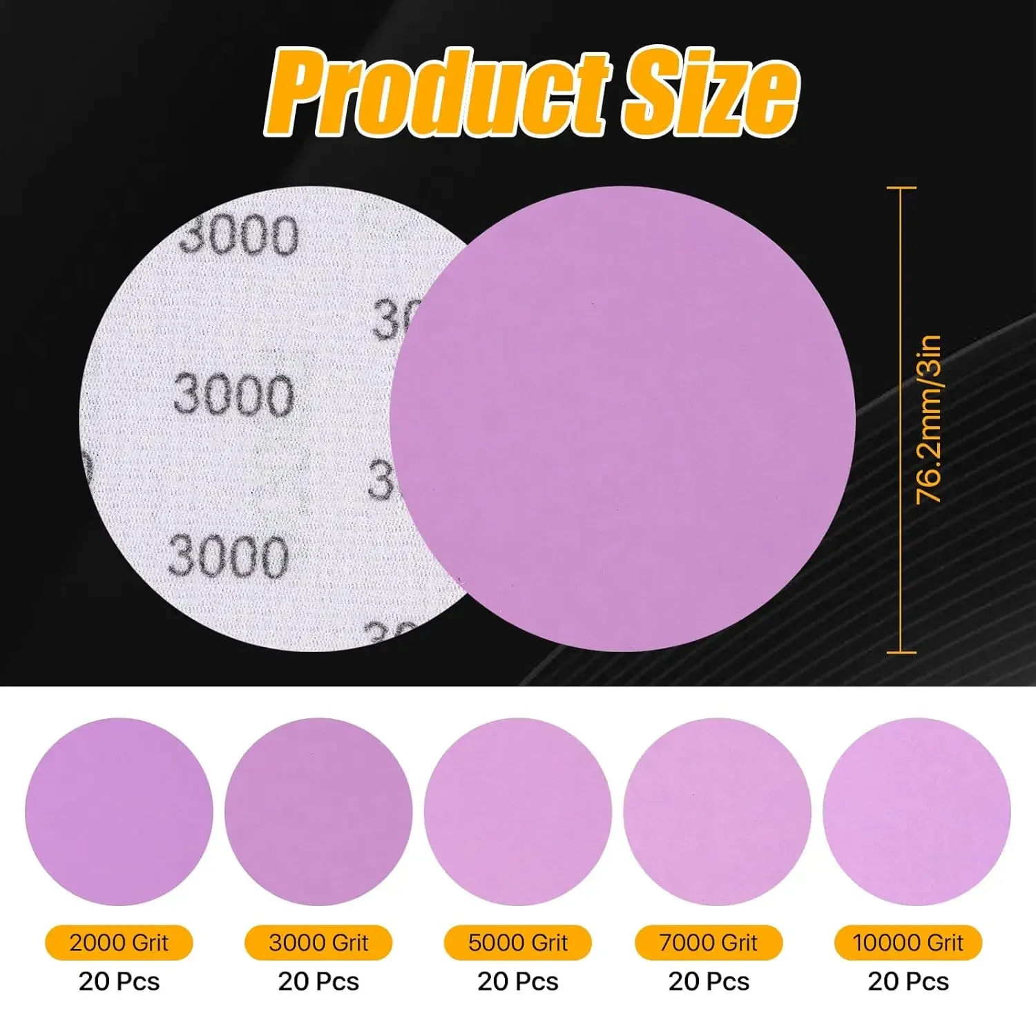 3 Inch Purple Wet and Dry Sandpaper 100/101 Pcs Hook and Loop with Buffing Pad for Polishing and Sanding Wood Metal Car Body