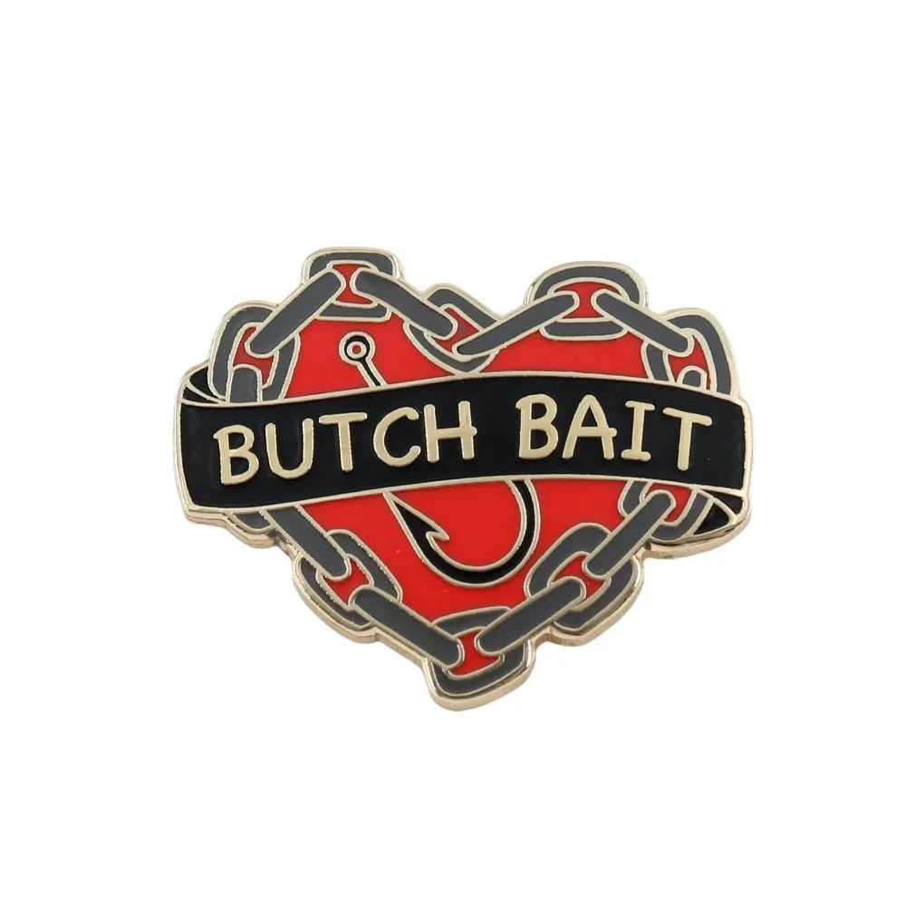 Red heart badge Butch Bait chain fish hook enamel pin creative LGBT Lesbian jewelry Badge