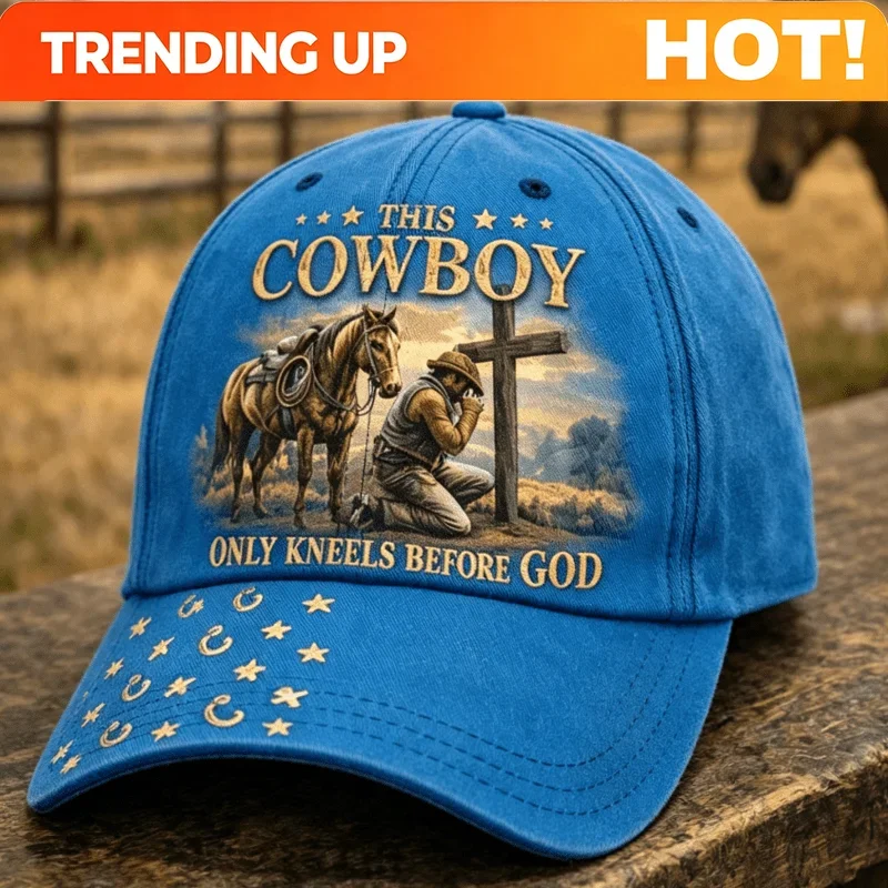 Vintage Washed This Cowboy solely Kneels Before God Baseball Cap Adjustable Western Religious Hat for Men Women Collectible Cowb