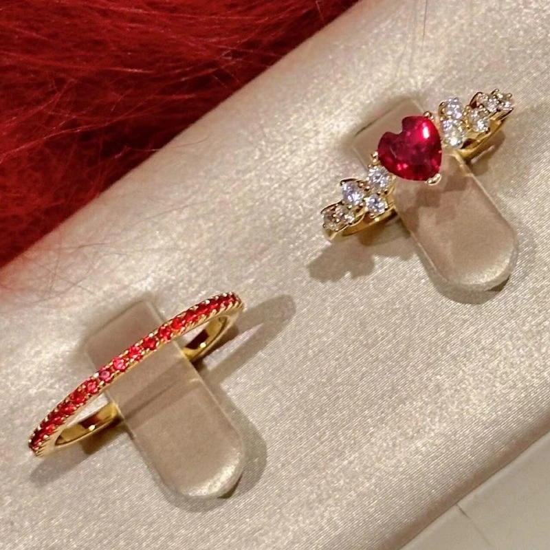 

New Korean Fashion Red Crystal Love Adjustable Ring Women Personalized Stainless Steel Ring Girls' Party Jewelry Accessories