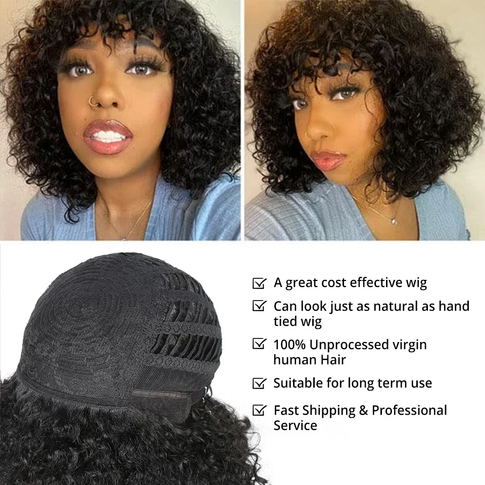 Peruca Curta Kinky Curly Bob para Mulheres, Cor Natural, Máquina Completa Feita, Cabelo Humano, Onda de Água, Pré-Arranque, Densidade 180