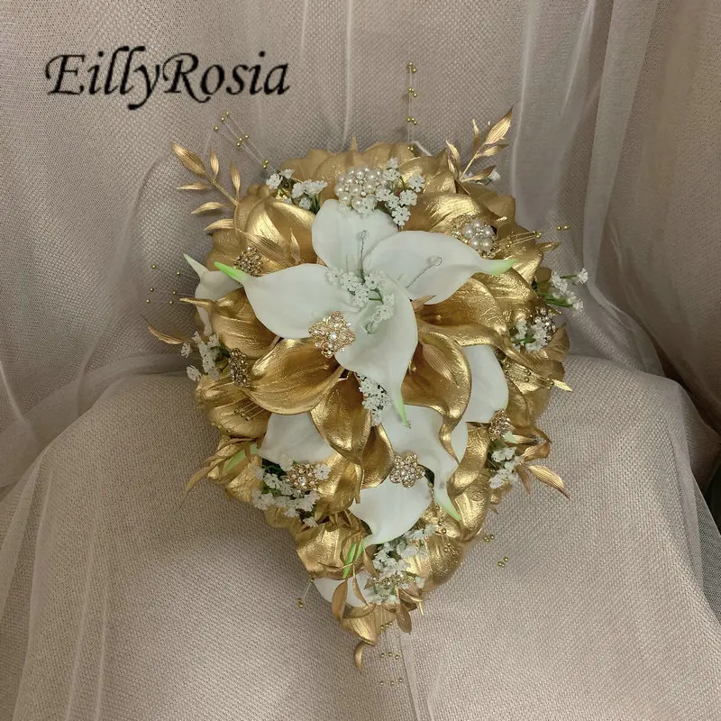 EillyRosia Luxury White and Gold Bridal Bouquet Teardrop Peals Baby's Breath Flowers Brooch Bouquet for the Wedding Flower Set