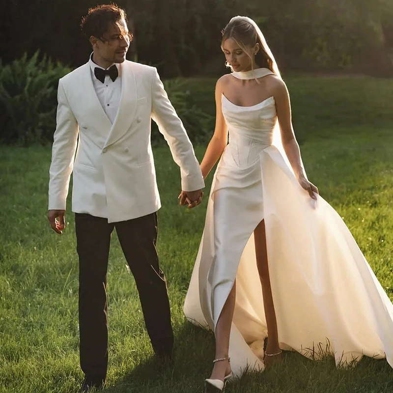 Eightree 2026 Mermaid Wedding Dresses Strapless Side Slit Scarf Satin Bridal Dress White Long Wedding Ball Prom Gowns Customized