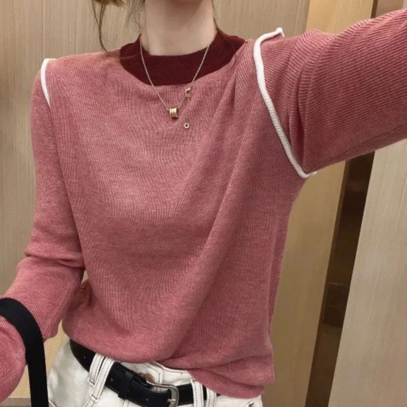 Korean Fashion Autumn/Winter New Sweaters Pullovers Women\'s O-Neck Patchwork Contrast Color Casual All-match Loose Knitted Tops