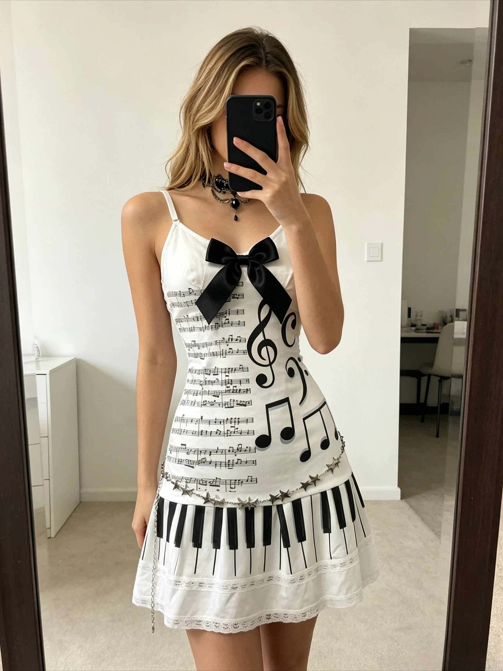 Slim Sleeveless Cami Dress Music Sheet Note Graphic Print Front Bow Piano Key Pattern Hem Lace Ruffle Star Casual Mini Dress