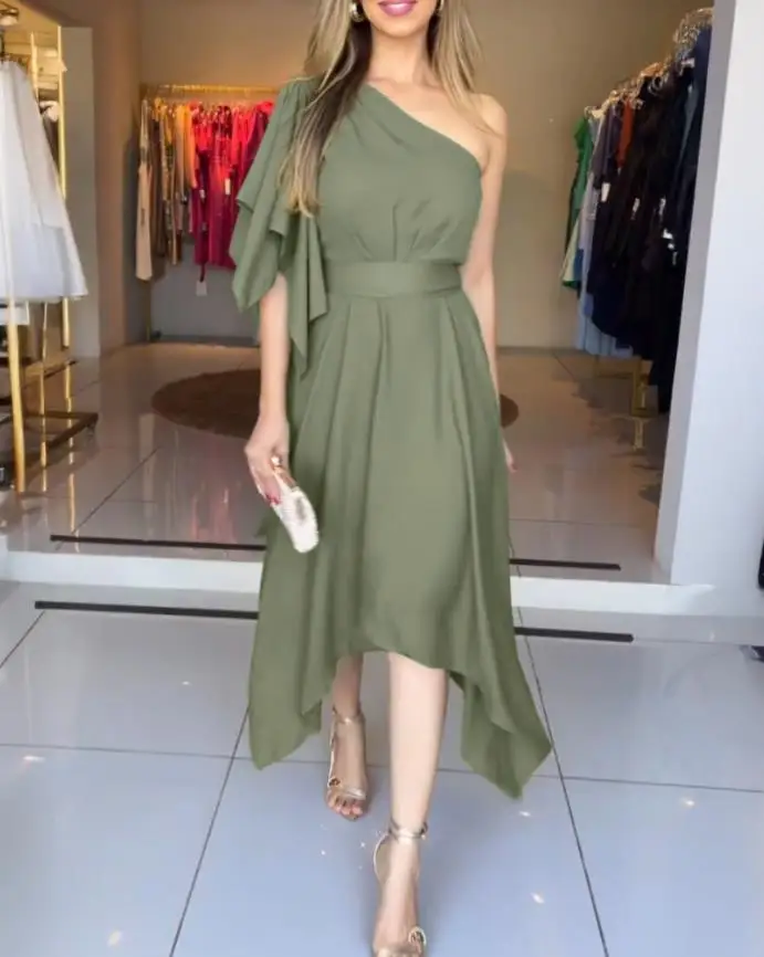 

Women's Dress Summer 2025 Fashion One Shoulder Asymmetrical Ruffle Sleeve Dress Cinched Waist Asymmetrical Hem Maxi Dress