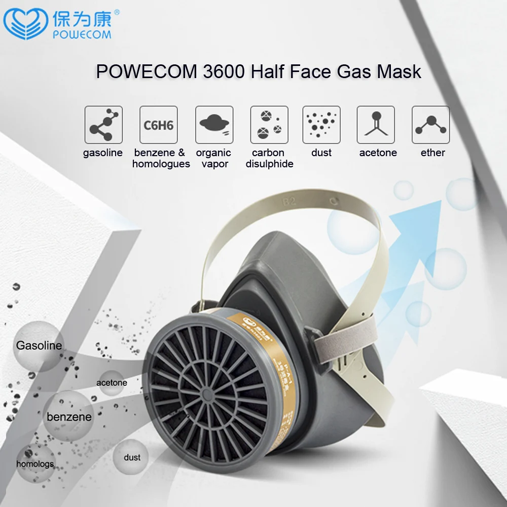 Máscara de Gas de Media Cara POWECOM 3600, Respirador de Partículas con Cartucho de Filtro, Máscara Protectora, Equipo de Protección Personal
