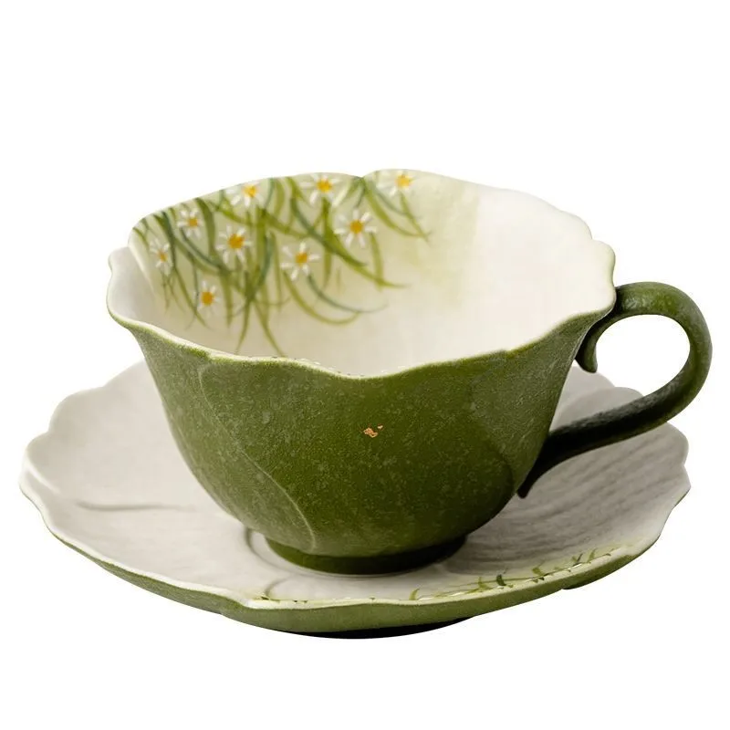 Chinese Style Spring Daisy Pattern Ceramic Tea Cup Ladies' Drinking Cup With Plate Pure Hand-painted Coffee Cup Plate Set ZJ234 2