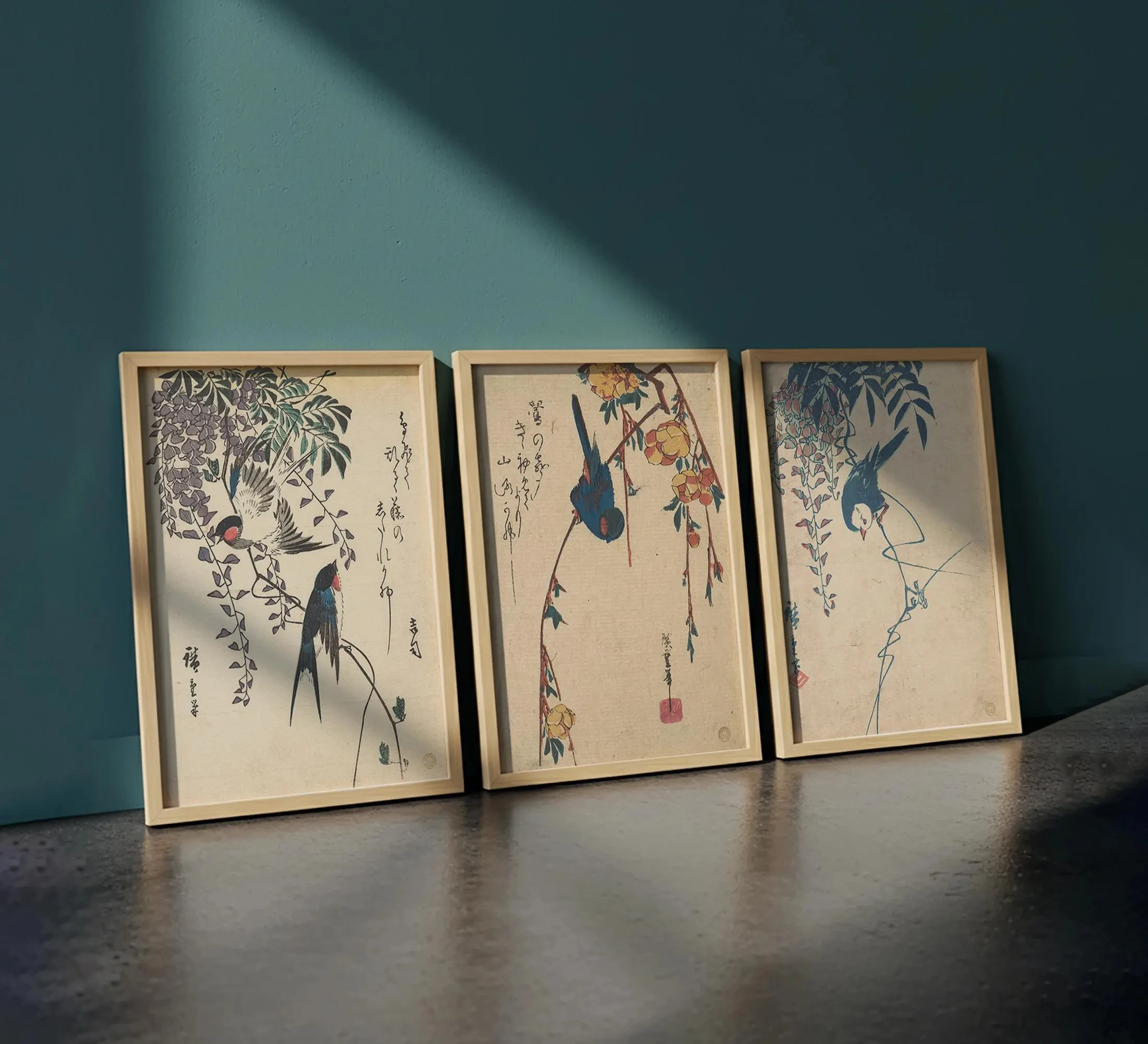 3PCS frameless decorative art print,3Pcs Vintage Ukiyo-e Bird Wall Art, Japanese Swallow Wisteria Plum Blossom Canvas Prints,Ori