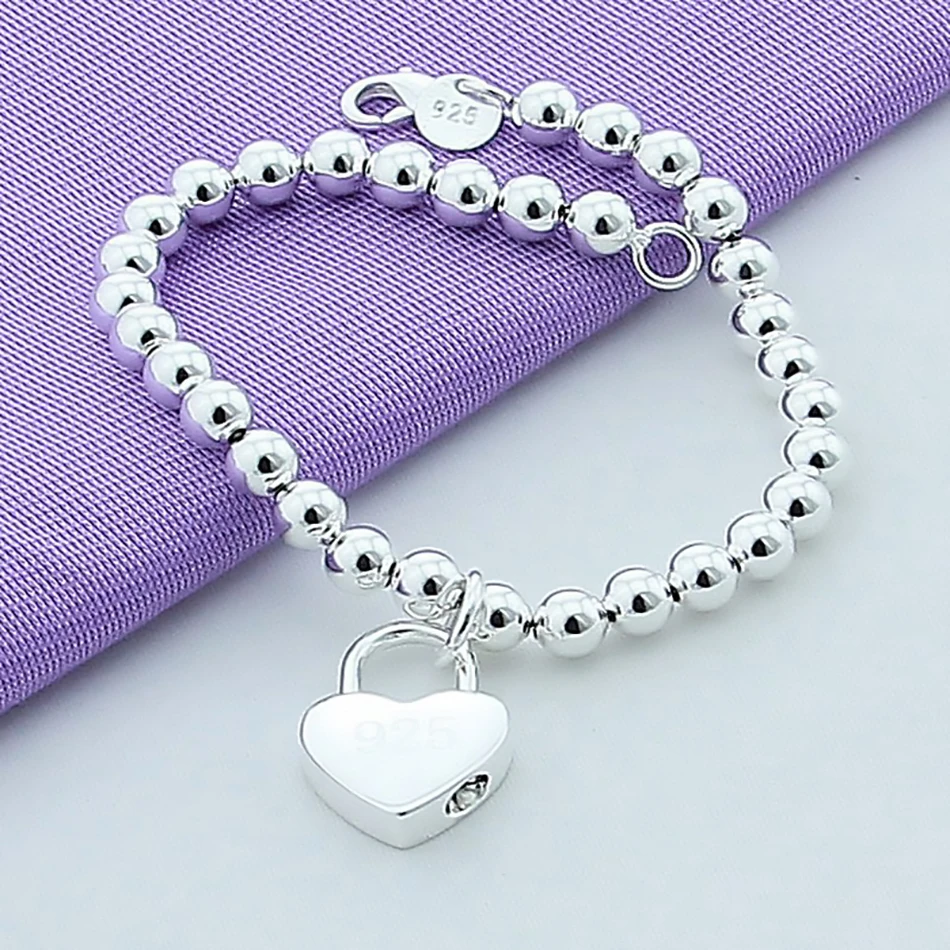 925 Sterling Silver 6MM Beads Heart Lock Charm Bracelets for Women's Fashion Jewelry Street Versatile Accessories