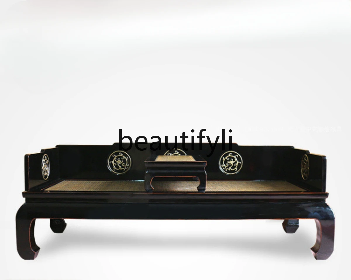 

Old elm Chinese Arhat bed antique black lacquer solid wood rattan mat neoclassical living room sofa bed chaise longue