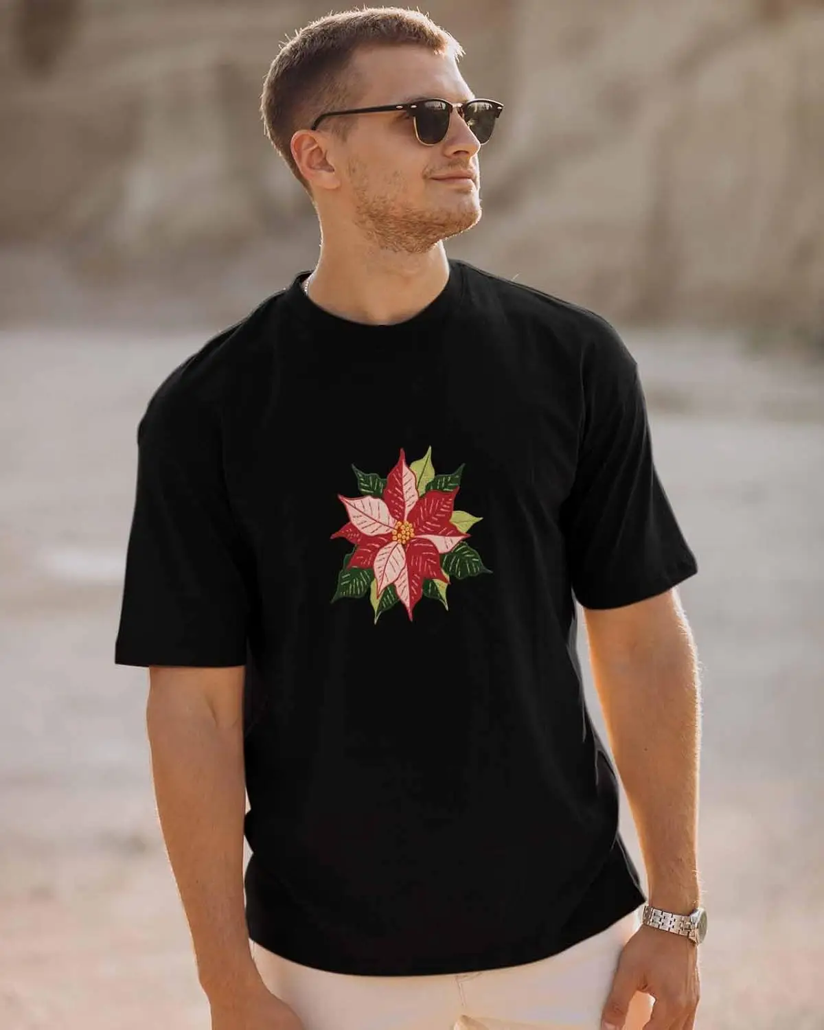 Men's T-Shirt, Novelty Graphic T-Shirt Christmas Poinsettia Flowers Embroidery Cotton Crew Neck Men's Short