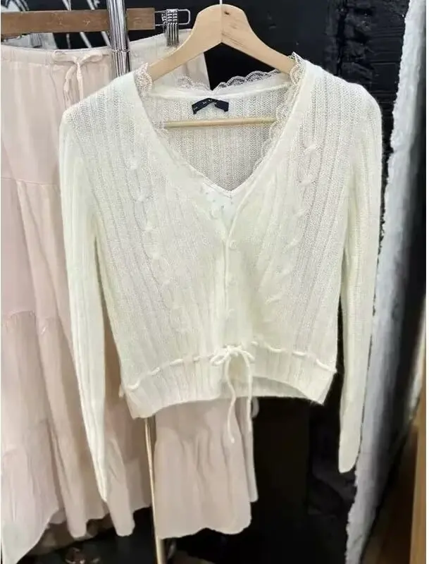 Donna pizzo Trim fiore ritorto dolce maglione 2024 Cardigan primavera scollo a v Lace-up Slim Crop Top femminile Casual dolce cappotto corto
