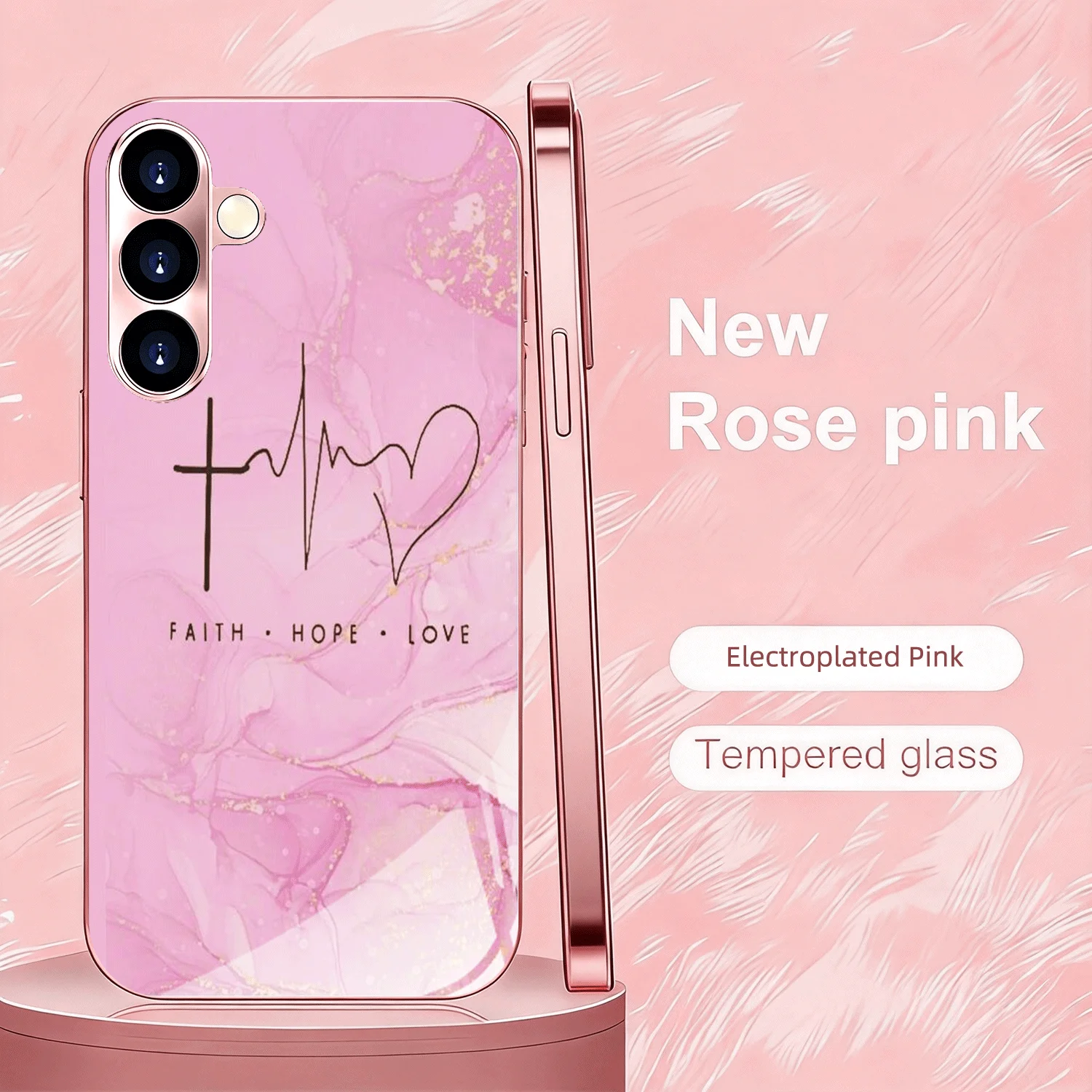 Pink Heartbeat Rose Gold Tempered Glass Phone Case for Samsung GalaxyS26 25Ultra FE 5G 2D Shockproof Protective Cover Girls Gift