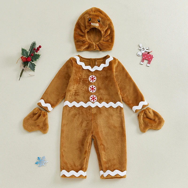 Baby Gingerbread Costume Outfit Ric Rac Trim Fleece Long Sleeve Jumpsuit Hat Gloves for Christmas Halloween Party