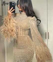 Turtle Neck  Feather Long Sleeves Prom Dresses Champagne Bling Wedding Party Dress Plus Size Custom Sheath Dress Elegant Gowns