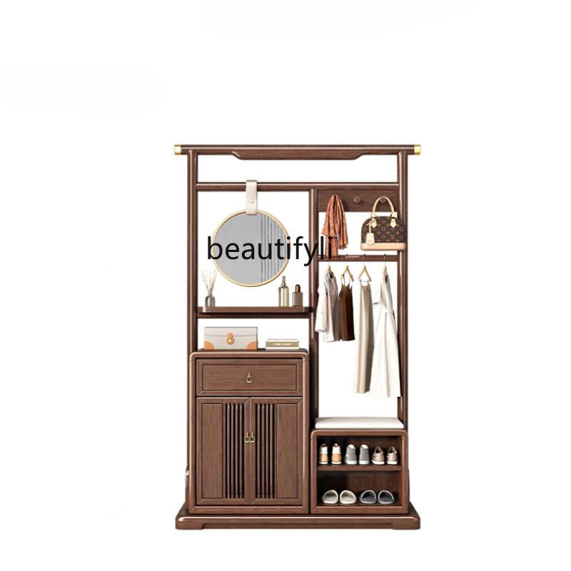 

New Chinese Style Solid Wood Coat and Hat Rack Entrance Shoe Cabinet Walnut Storage Rack Floor Storage Shoe Changing Stool