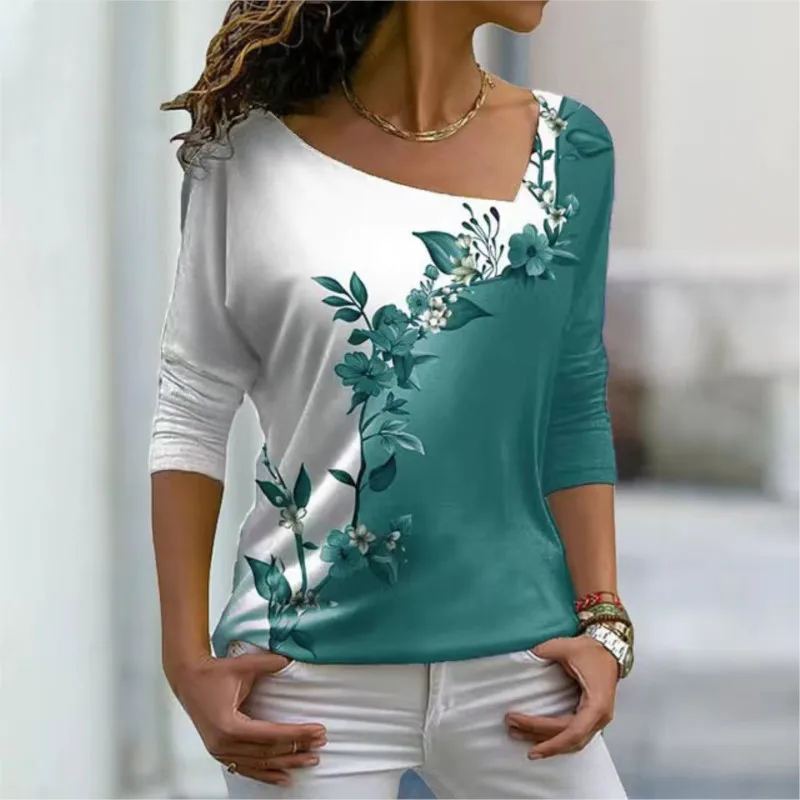 Women Tee Shirt Asymmertical V-Neck Long Sleeve Loose Floral Printing Fashion Casual Female's New Elegant Vintage Pullover Tops